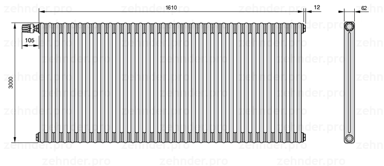 Схема (чертеж) Радиатор Zehnder Charleston 2300/35 №V011 Белый глянцевый RAL 9016